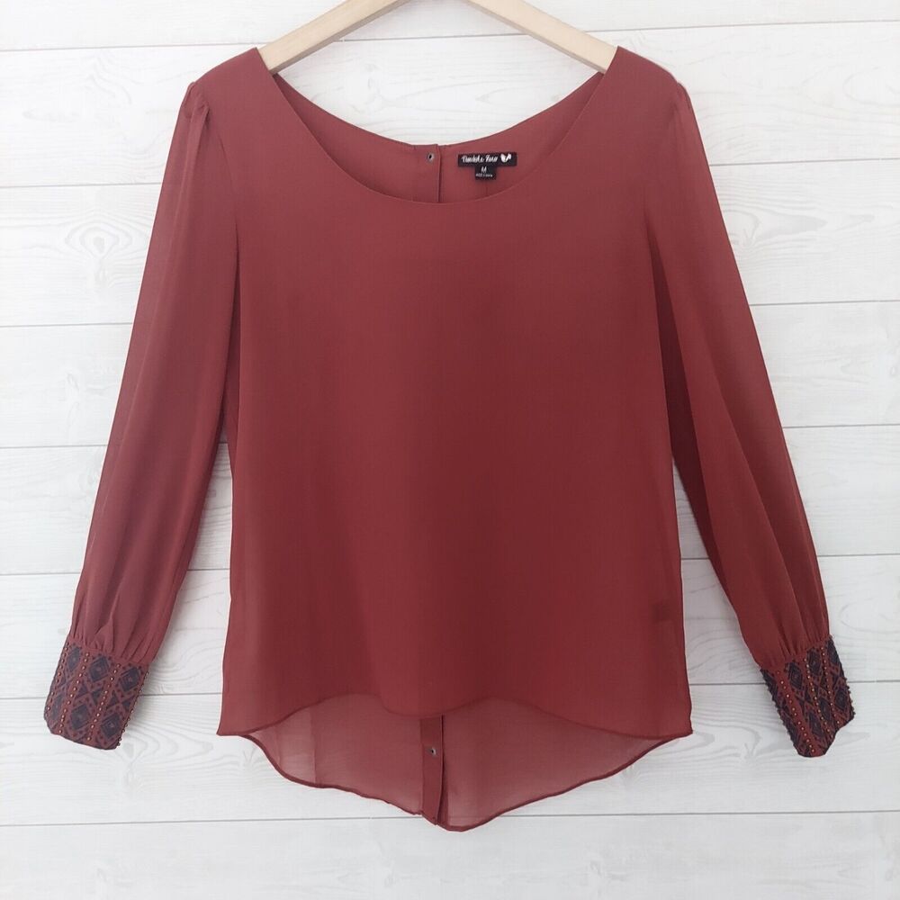 Double Zero Red Blouse Medium Long Sleeve Emroidered Semi Sheer